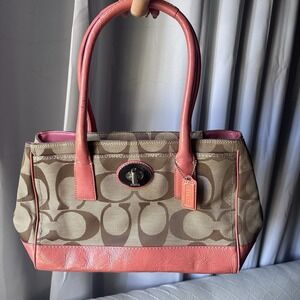 Vtg COACH Hampton Signature C Canvas Tote Bag Pink Leather Trim Turnlock Vintage
